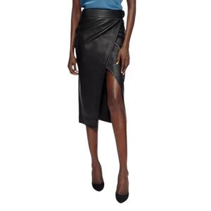 Ted Baker Black Rosene Leather Asymmetric Midi Wrap Skirt 0